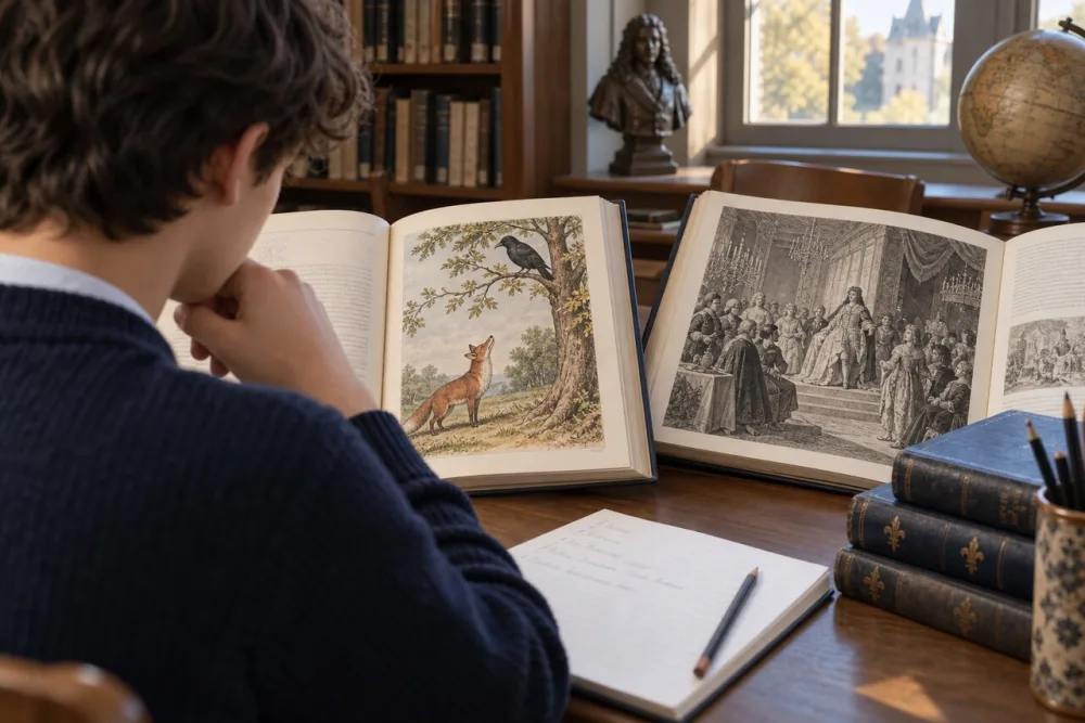Un lycéen compare une fable illustrée et un document sur la cour royale.