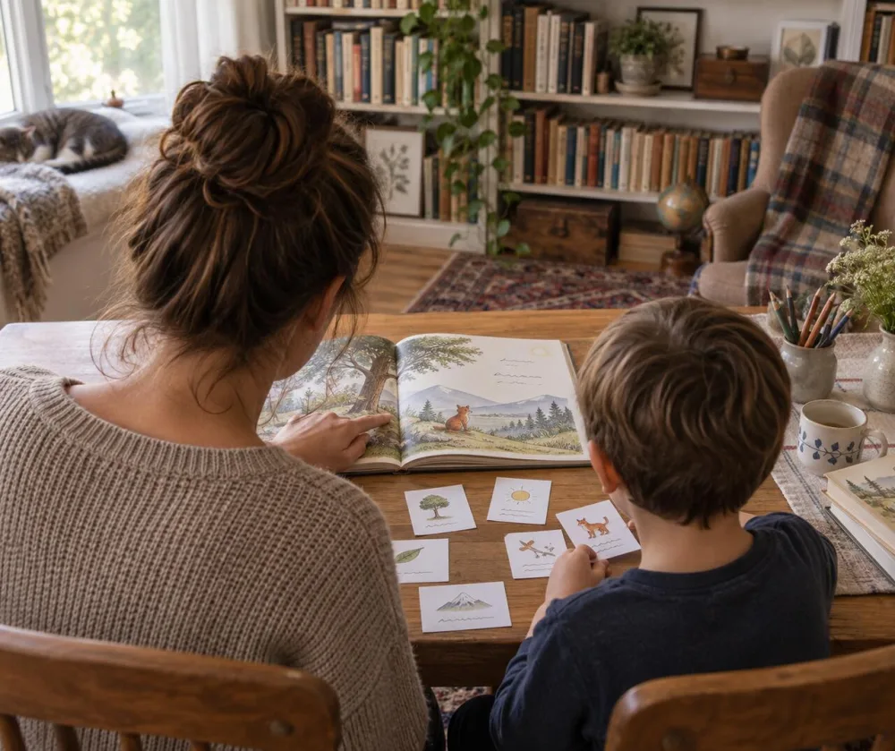 Un adulte et un enfant lisent un livre et jouent avec des cartes illustrées.