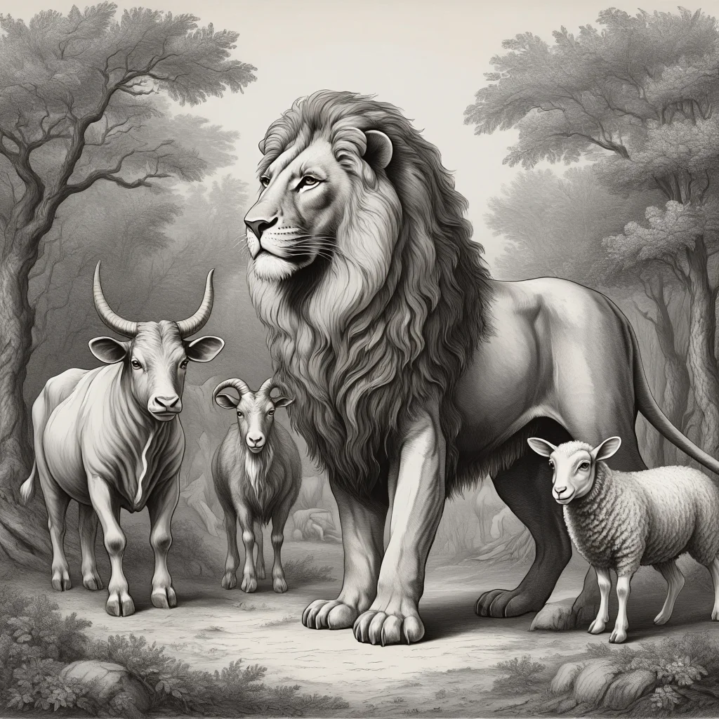 Illustration de La Génisse, la Chèvre et la Brebis en société avec le Lion