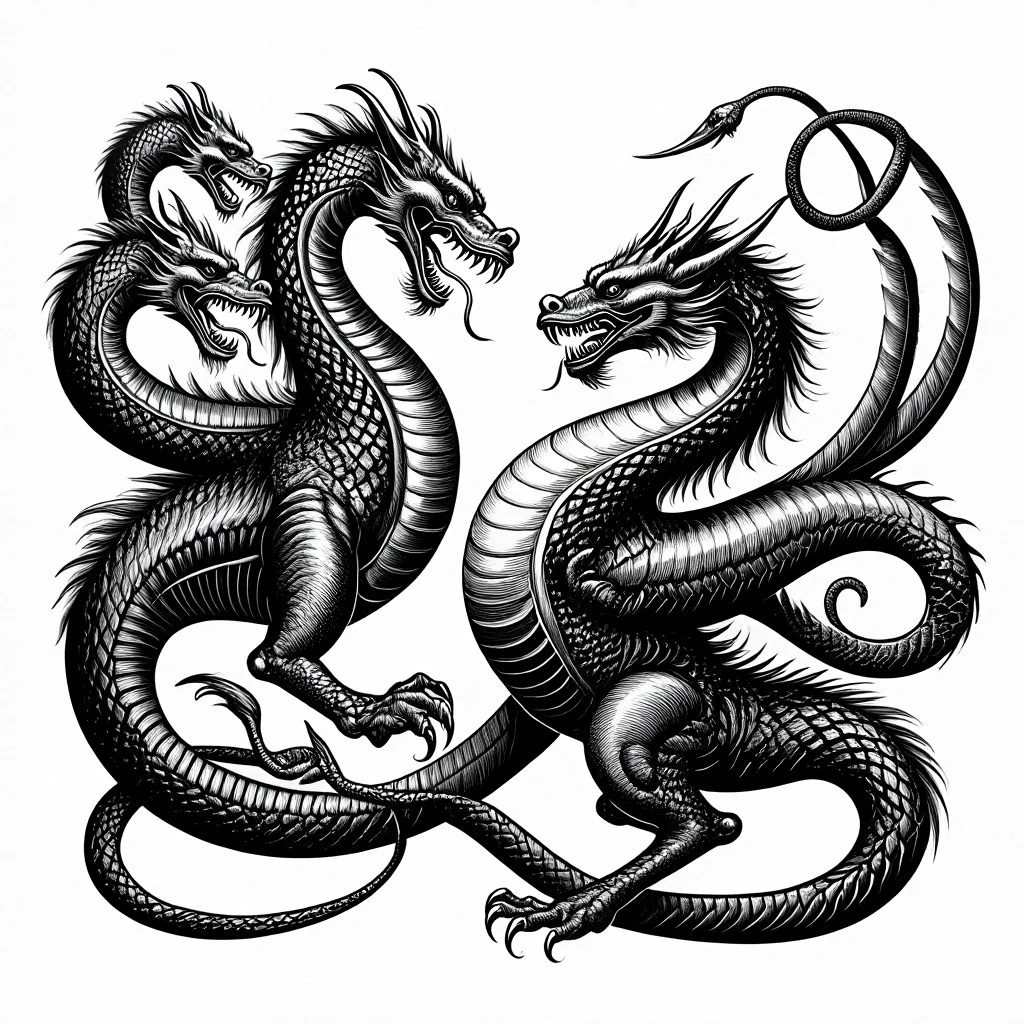 Illustration de Le Dragon à plusieurs têtes et le Dragon à plusieurs queues